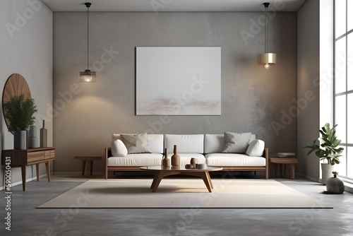 3d style of modern living room with white sofa and coffee table  decorative wall with embossed panels  carpet on concret floor. Frame mockup. Generative Ai.