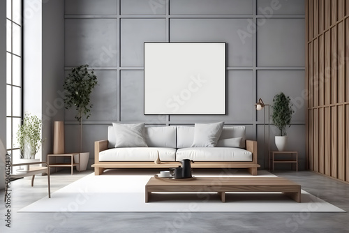 3d style of modern living room with white sofa and coffee table  decorative wall with embossed panels  carpet on concret floor. Frame mockup. Generative Ai.