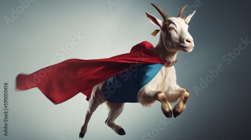 Goat in a superhero outfit, flying through the air with a cape, with a copyspace. Generative ai.