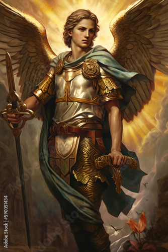 St. Michael the Archangel Illustration. Archangle Saint Michael. Generative Ai. Protection and Defense Symbol. Painting style.