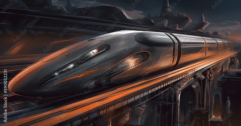 A high-speed train twilight, in the style of futuristic cyberpunk, dark silver and light orange colors. Generative AI.