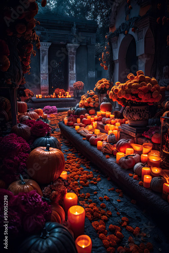 Pumpkins, candles and marigold flowers. Day of the Dead cemetery at night, Mexico. Generative AI photo