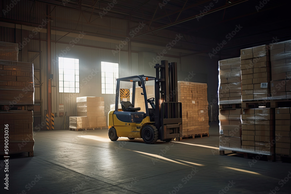 Forklift for loading pallets with packages in warehouse interior. Commercial distribution warehouse with shelves and boxes. Created with Generative AI
