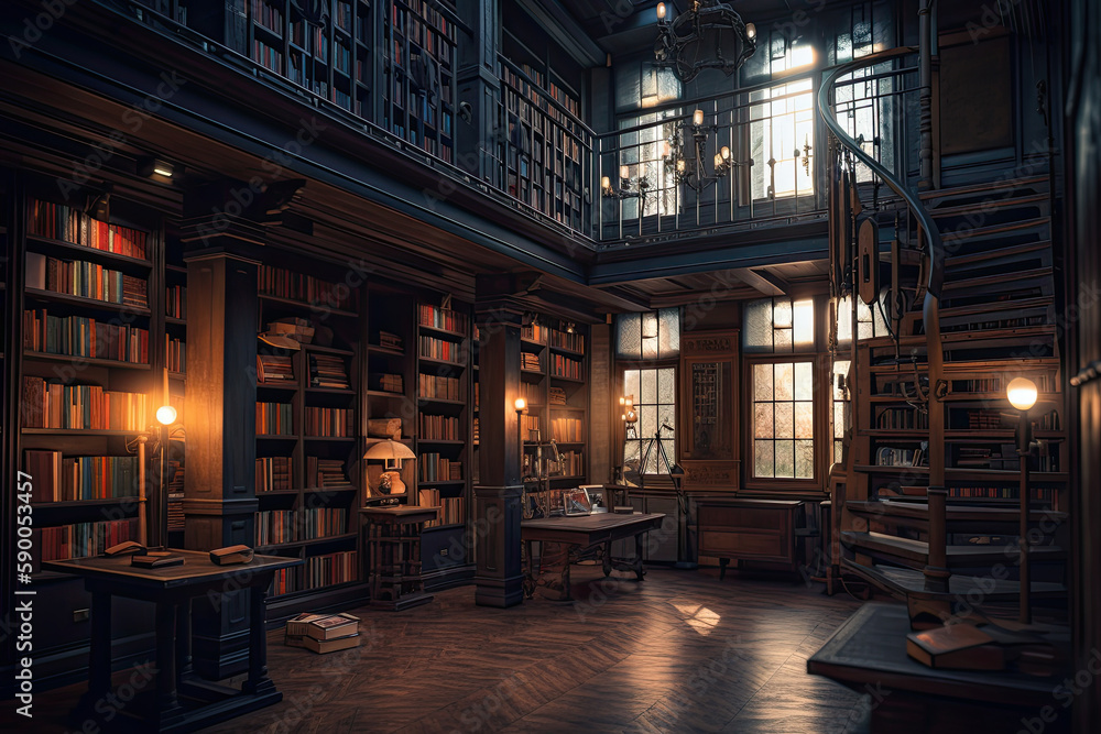 Interior of library with many bookshelves. Rows of cabinets with old books in library. Knowledge and education. Created with Generative AI Interior of library with many bookshelves. Rows of cabinets with old books in library. Knowledge and education. Created with Generative AI