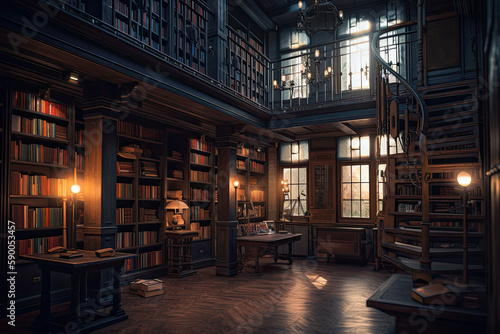 Interior of library with many bookshelves. Rows of cabinets with old books in library. Knowledge and education. Created with Generative AI