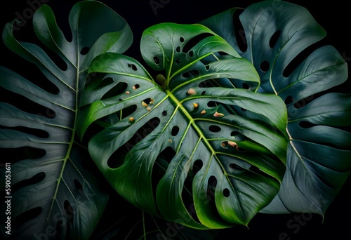 Lush green Monstera deliciosa leaves straight from nature. Generative AI