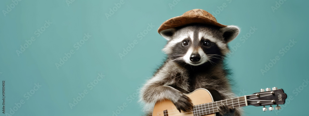 Obraz premium raccoon wearing a bowler hat and playing a guitar, animal banner with empty space for text (created with Generative AI)