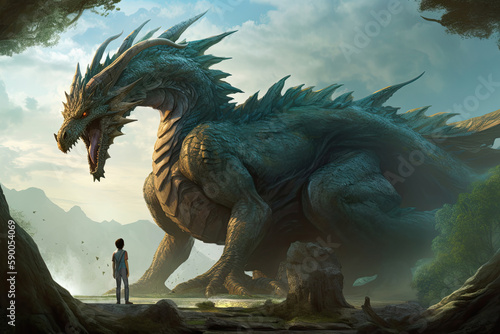Man stands in front of huge dragon. Legend of battle between brave warrior and monster. Fantasy game world. Created with Generative AI