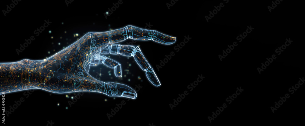 Digital hand hologram on dark background with copy space. Neural network connection. Communication with artificial intelligence. Created with Generative AI - obrazy, fototapety, plakaty 
