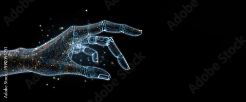 Slika na platnu Digital hand hologram on dark background with copy space