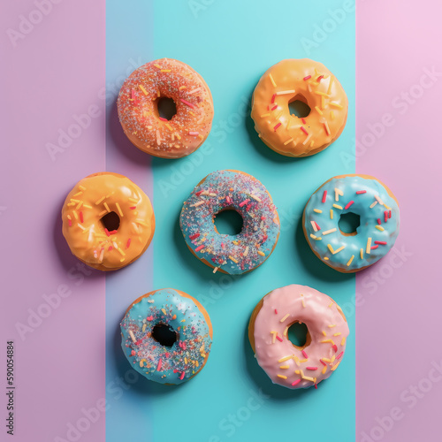 Donuts de colores, sobre fondo pastel rosa y verde.Ilustración de IA Generativa 