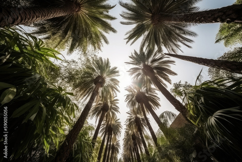 Palm tree silhouettes against sky  view from bottom. Tropical background. Created with Generative AI