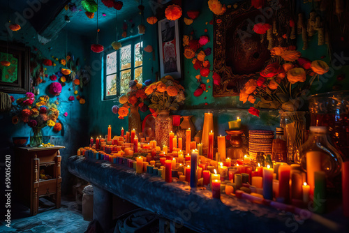 Candles, marigold flowers, ofrenda. Day of the Dead at night, Mexico. Generative AI