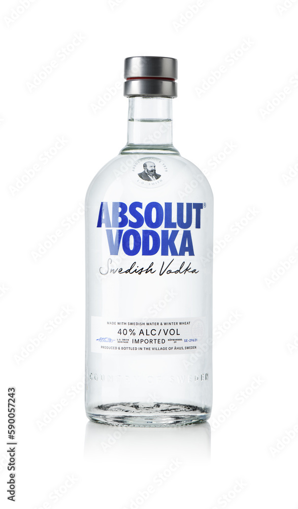 Bottle of Swedish Absolut Vodka, Produced by Vin Sprit. Isolated on white  Stock Photo | Adobe Stock