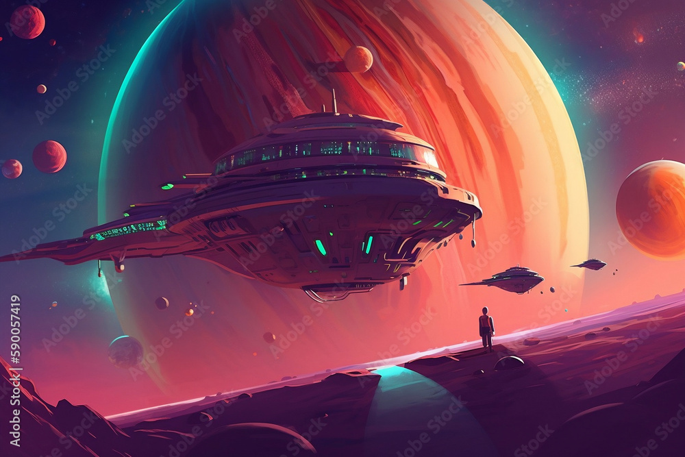 spaceship in front of planets spaceship in front of planets