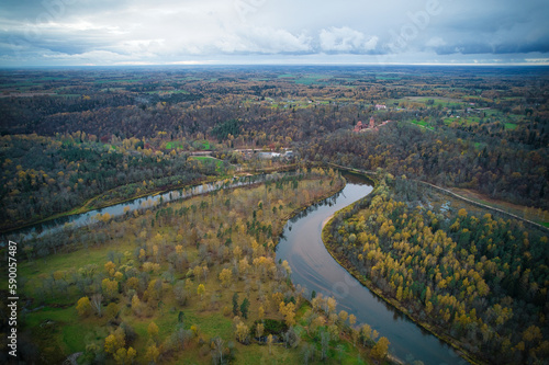 Above aerial shot of green pine forests and yellow foliage groves with beautiful texture of golden treetops. Beautiful fall season scenery in evening. Mountains in autumn colors in golden time