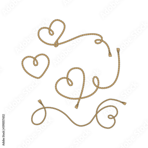 Valentines Day Wild west rodeo heart shape rope lasso vector illustration set isolated on white. Howdy St Valentine Day hearts knot western print collection for love postcard design.