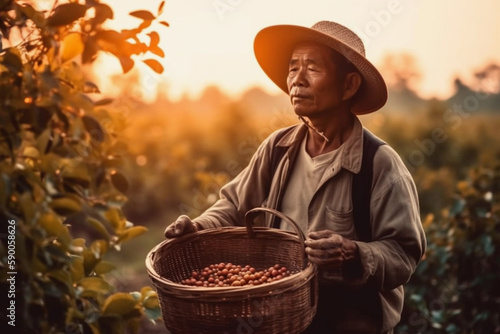 Farmer in a hat with a crop of fresh coffee beans in a basket. Generative AI