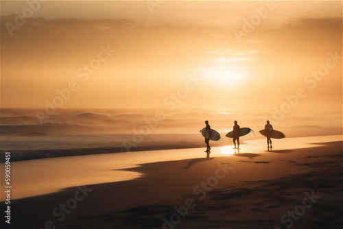 Waves of sunset: silhouettes of surfers on the beach at sunset, with golden light illuminating the waves. .generative ai