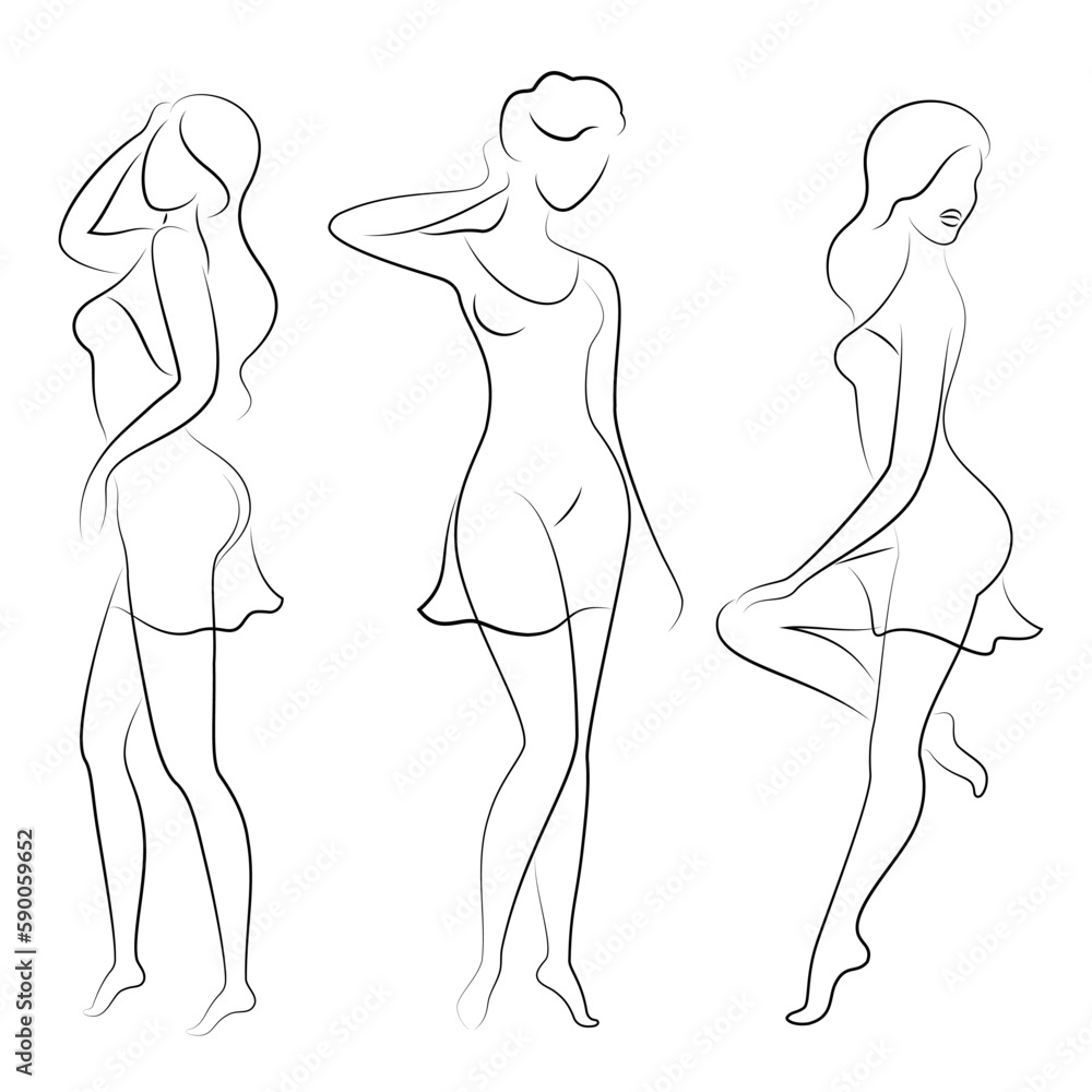 Collection. Silhouette of a woman in a modern continuous line style. The girl is slim and beautiful. Lady suitable for decor, posters, stickers, logo. vector illustration set. Collection. Silhouette of a woman in a modern continuous line style. The girl is slim and beautiful. Lady suitable for decor, posters, stickers, logo. vector illustration set.