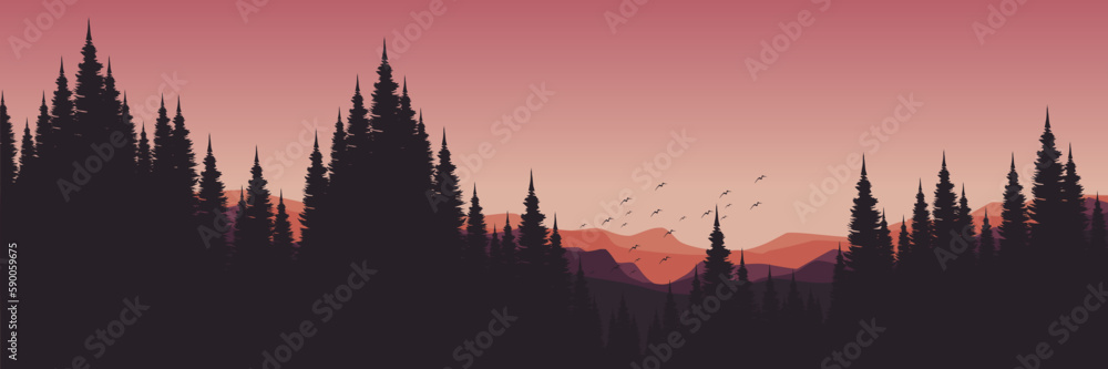 nature forest silhouette in outdoor mountain hill landscape vector illustration good for  wallpaper, background, backdrop, banner, and design template