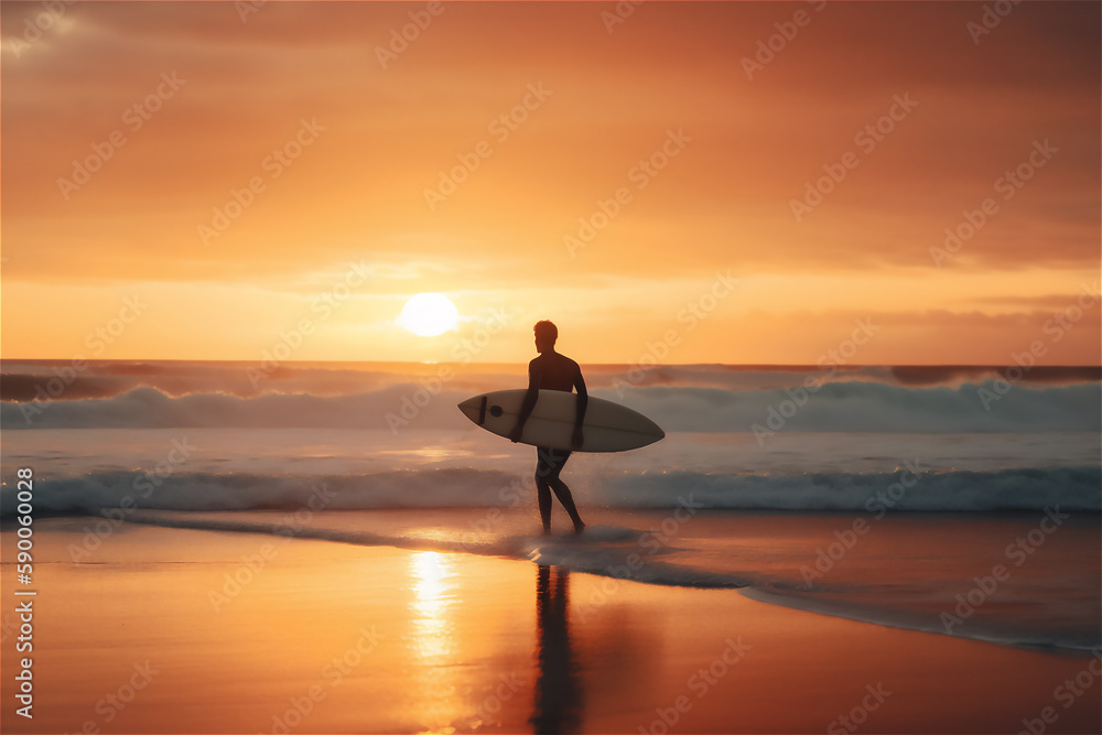 beach sunset: silhouette of surfer standing on the beach with surfboard at sunset, gazing out at the sea. generative ai