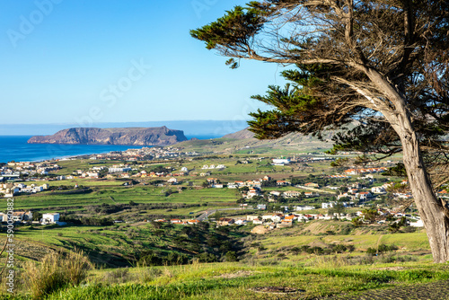 Porto Santo Landscape view from Viewpoint of Pico Castelo. Popular tourist destination in Portugal Island in the Atlantic Ocean. Vila Baleira in Porto Santo, Madeira, Portugal.