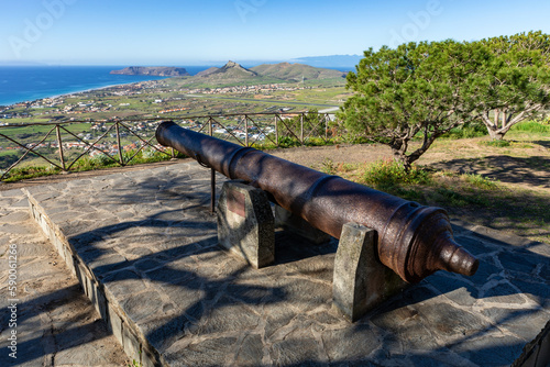 Porto Santo Landscape view from Viewpoint of Pico Castelo. Popular tourist destination in Portugal Island in the Atlantic Ocean. Vila Baleira in Porto Santo, Madeira, Portugal. photo