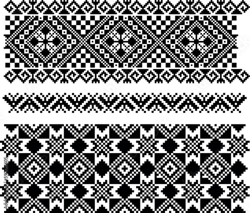 Black and white pattern, ornament, Ukrainian embroidery. Set of 5 Ukrainian Ornament Compositions. For postcards, posters, interior and fabric printing	