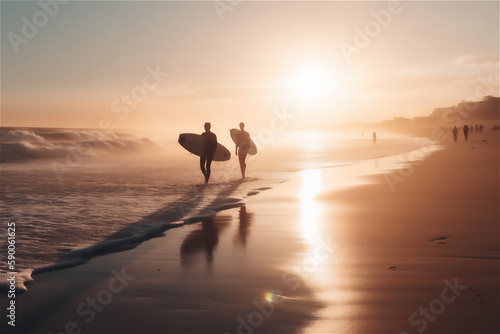 Active lifestyle: young people carrying surfboards on the beach, enjoying various outdoor activities at sunset. healthy and active lifestyle, generative ai