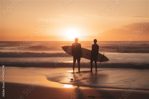 surfers running in the ocean waves with their long boards, focus is on the power and vastness of the ocean .generative ai