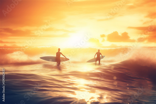 Surfing into the sunset: two surfers silhouette against the colorful sky.adventure and thrill. generative ai