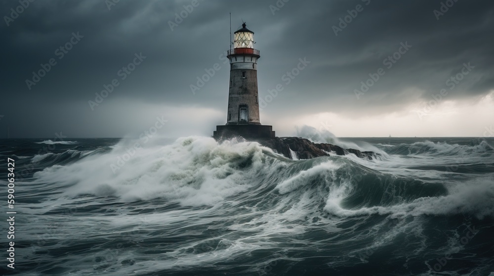  a lighthouse in the middle of a large body of water under a cloudy sky with a light house on top of a rock in the middle of the ocean.  generative ai