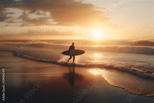 young surfer people silhouettes running to waves with surfboards adrenaline and excitement of extreme sports. generative ai