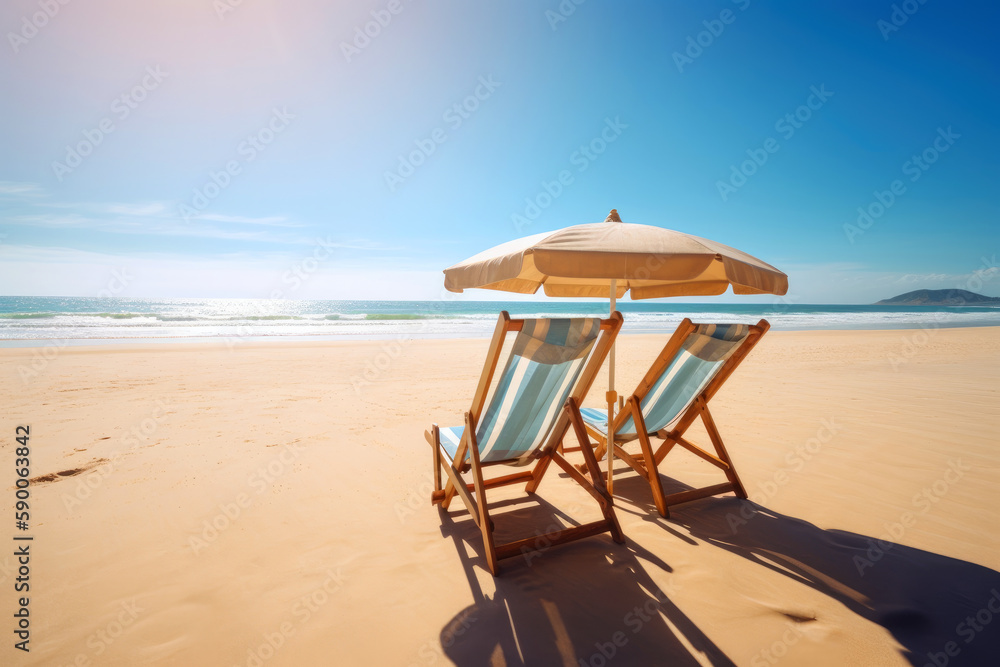 Two wooden deck chairs with umbrella on a beautiful sandy beach on a sunny afternoon casting long shadows. Generative AI
