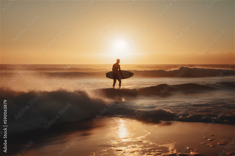 Beach surfer: A candid shot of young surfer walking with her board on a sandy beach .generative ai.