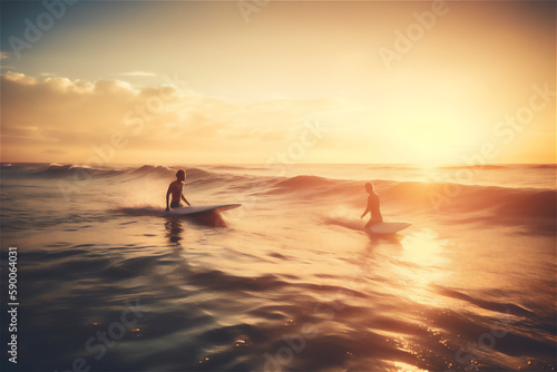 two surfers having fun inside the ocean, catching a wave together on golden hour freedom and playfulness..generative ai