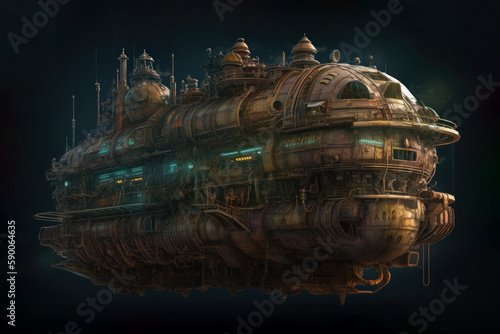 Large steam powered ship floating in the air. Mysterious highly detailed, giant submarine, dark (spaceship). Generative AI. photo