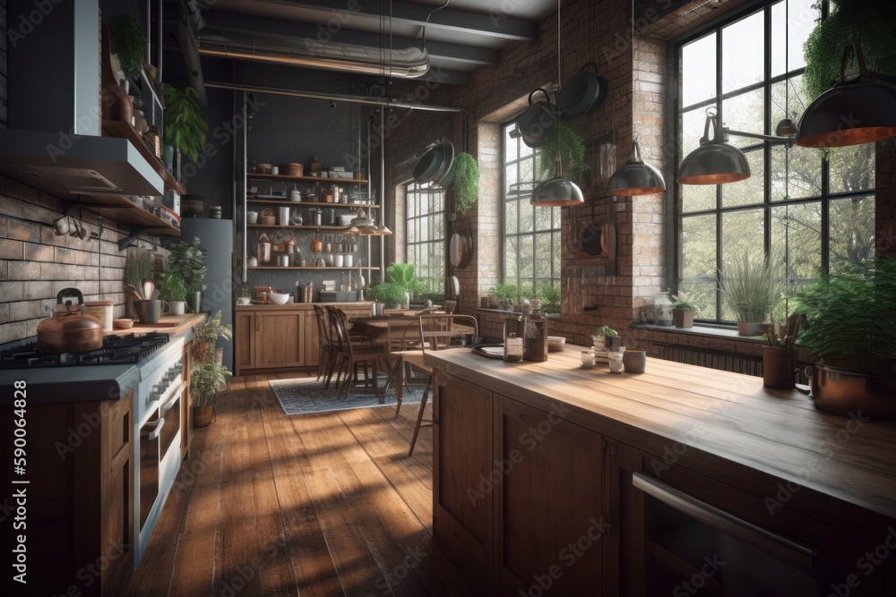 Kitchen in a loft style filled with lots of wooden furniture. Generative AI. Kitchen in a loft style filled with lots of wooden furniture. Generative AI.