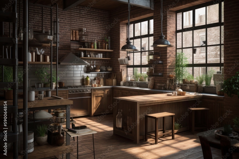 Kitchen with lots of wooden furniture. Photorealism, loft-style kitchen painting in the morning. Generated AI.