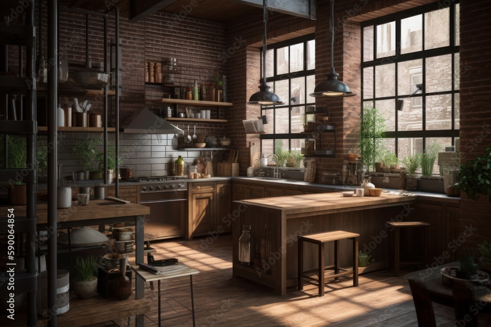 Kitchen with lots of wooden furniture. Photorealism, loft-style kitchen painting in the morning. Generated AI. Kitchen with lots of wooden furniture. Photorealism, loft-style kitchen painting in the morning. Generated AI.