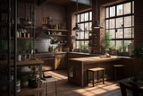 Kitchen with lots of wooden furniture. Photorealism, loft-style kitchen painting in the morning. Generated AI.
