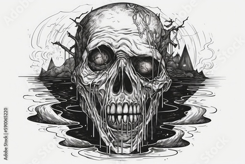 A black and white drawing of a skull in the water in a horror style art. Detailed drawing. Generative AI.