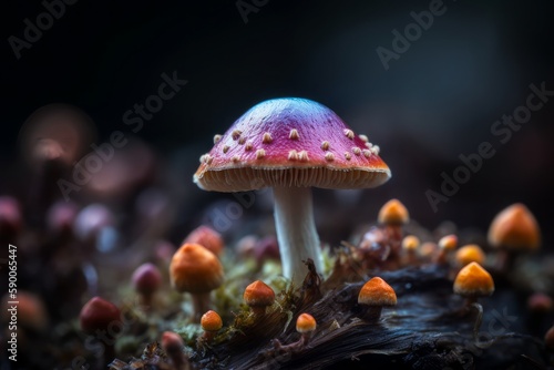A group of mushrooms sits on a moss-covered ground. Macro photography. Generated AI. © Татьяна Петрова