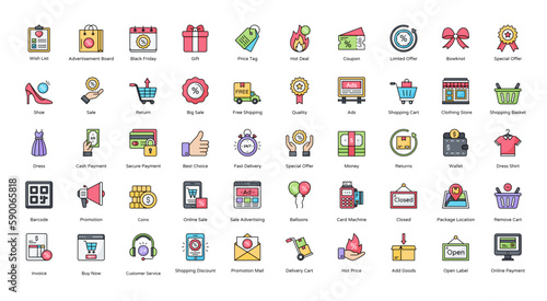 Black Friday Color Line Icons Shopping Online Shop Icon Set in Filled Outline Style 50 Vector Icons