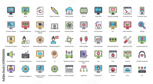 Computer Science Color Line Icons Technology Algorithm Icon Set in Filled Outline Style 50 Vector Icons