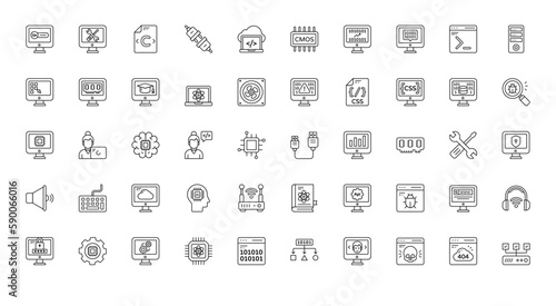 Computer Science Thin Line Icons Technology Algorithm Icon Set in Outline Style 50 Vector Icons in Black