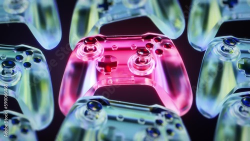 Cyber gaming 3d graphics of joystick game controller for console. Glossy transparent material. Array of clones with stick and buttons. Motion graphics background with vibrant colours. Design tech art photo