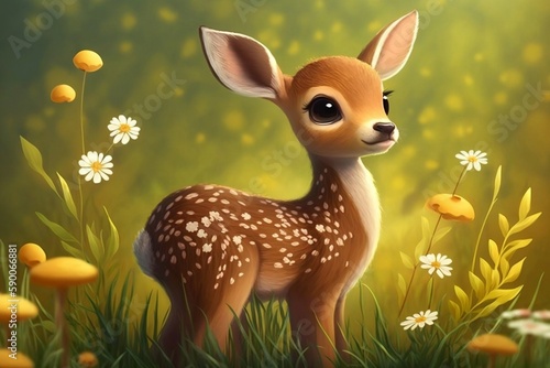 Adorable Cartoon Baby Deer in a Spring Meadow, generative Ai © Flowstudio