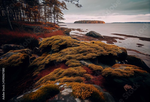 Stunning autumnal Latvian forest by the sea with lush, mossy ground. Generative AI